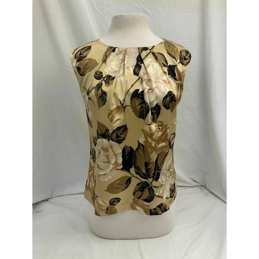 Gold Silk Satin Pleated Shell EUC 8P Talbots 8 Petite Floral Sleeveless - Picture 11 of 11